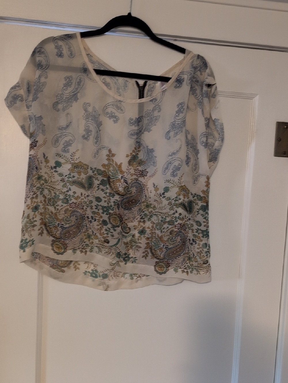 Sheer Paisley Floral Short Sleeve Top - Cream/Blue/Green